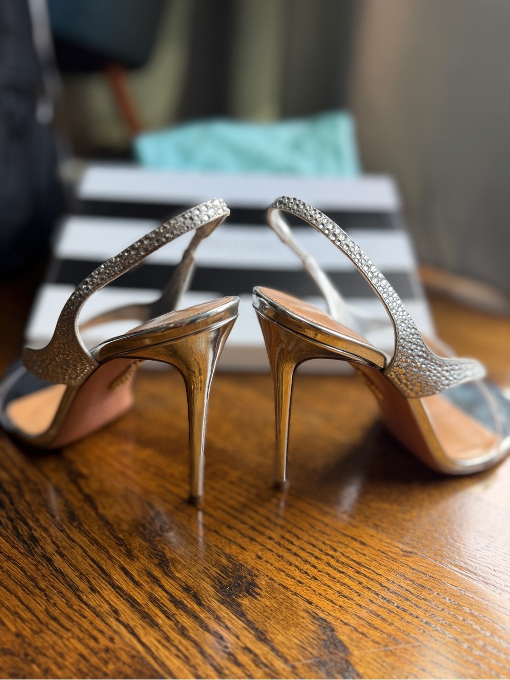 Aquazzura Izzy Metallic Strass Silver Slingback Cocktail Sandals Size 39 - Picture 4 of 9